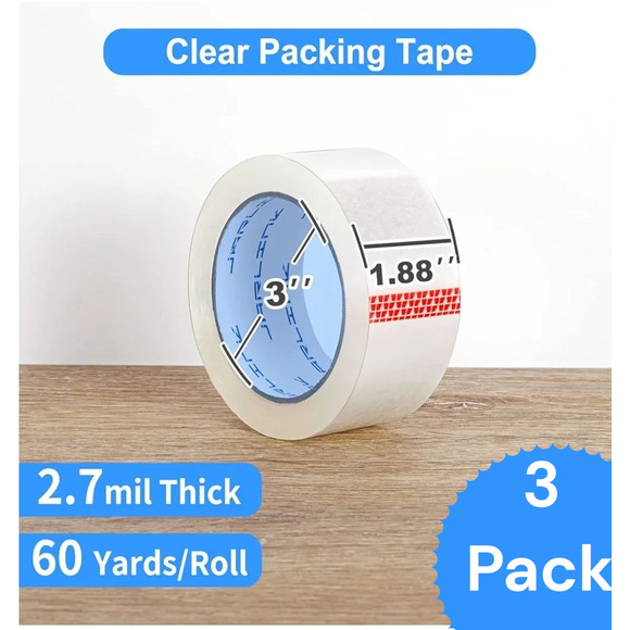 Clear Packing Tape (3 Rolls), Heavy Duty 1.88 inches Wide, 60 Yards Per Roll - Picture 1 of 4
